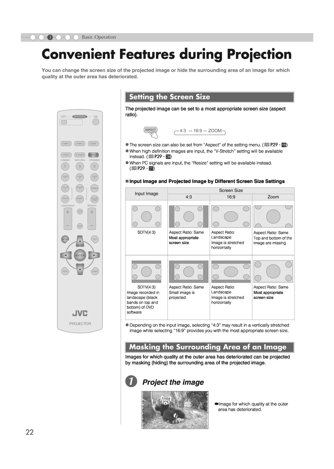 JVC DLA-RS2 manual Convenient Features during Projection, A Project the image, Setting the Screen Size 
