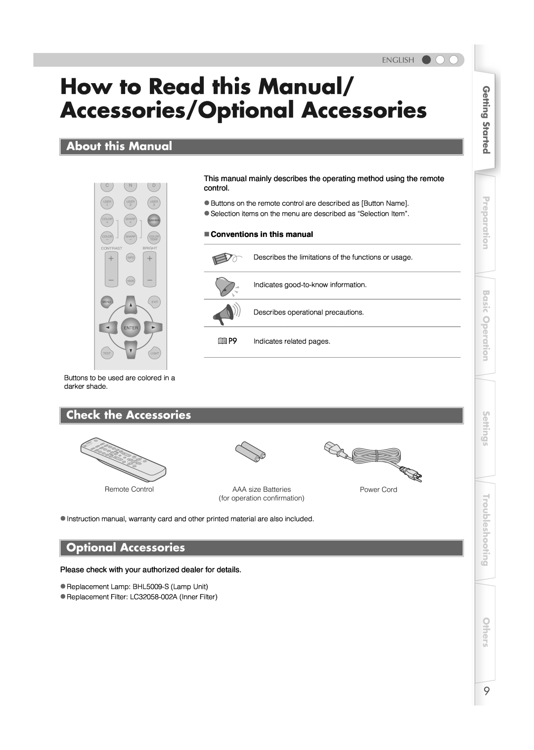 JVC DLA-RS2 How to Read this Manual/ Accessories/Optional Accessories, About this Manual, Check the Accessories, English 
