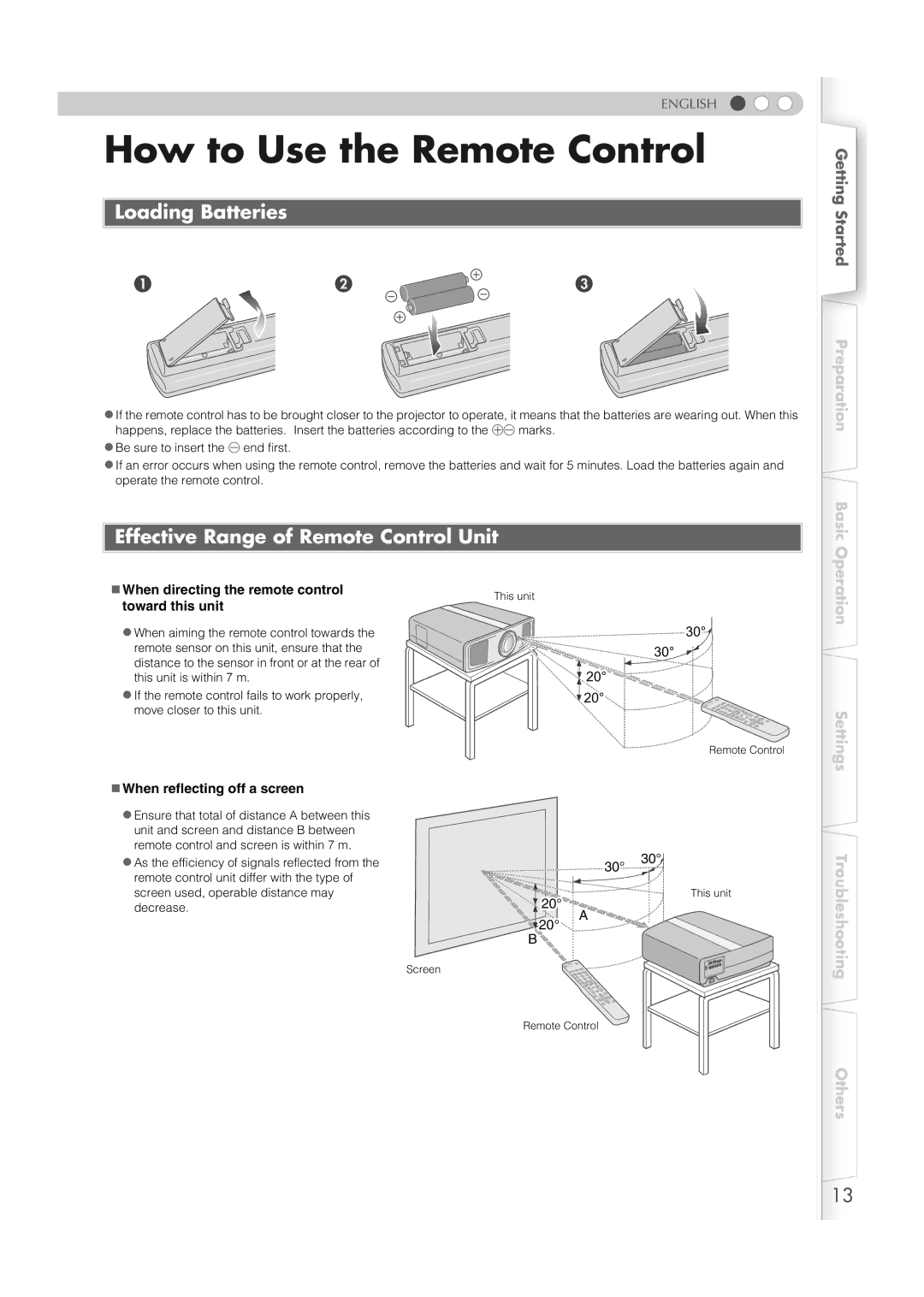 JVC DLA-RS2 manual How to Use the Remote Control, Loading Batteries, Effective Range of Remote Control Unit 