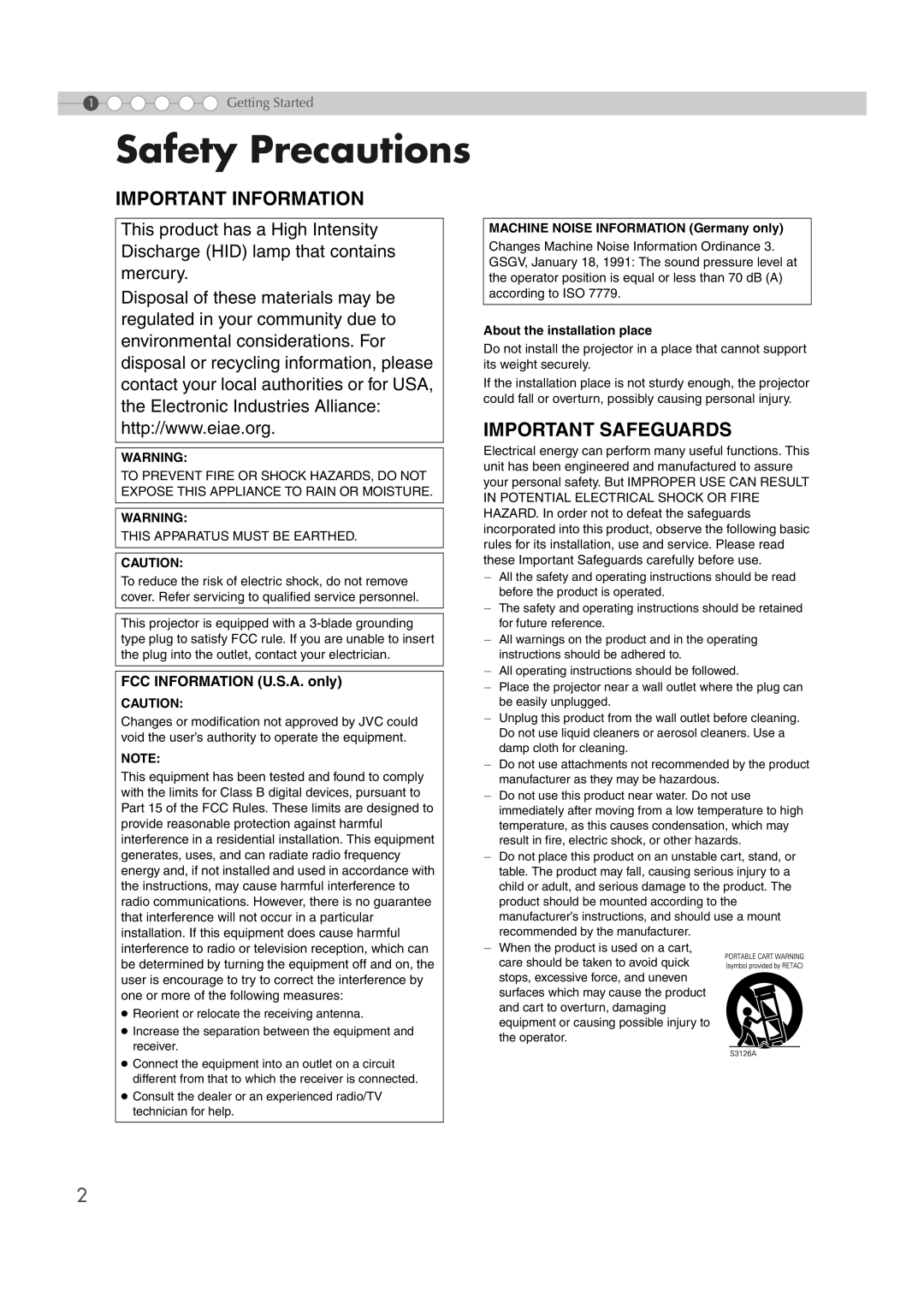 JVC DLA-RS2 manual Safety Precautions, Machine Noise Information Germany only, About the installation place 