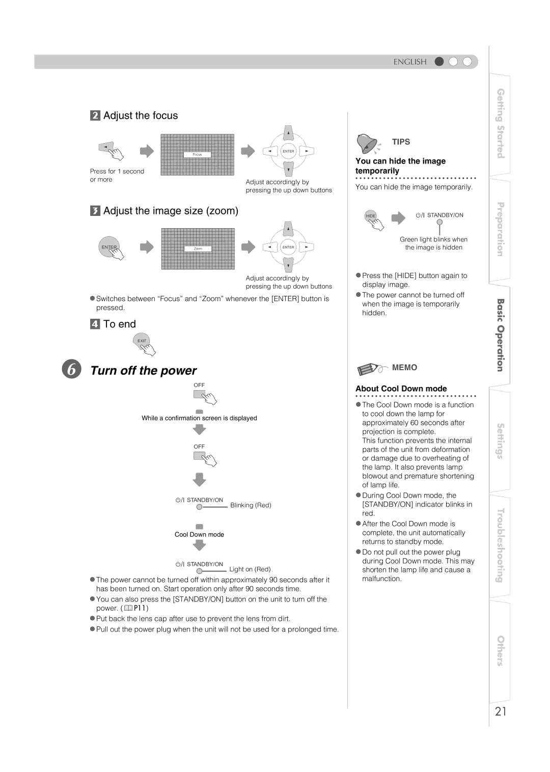 JVC DLA-RS2 manual Turn off the power, You can hide the image Temporarily, About Cool Down mode 