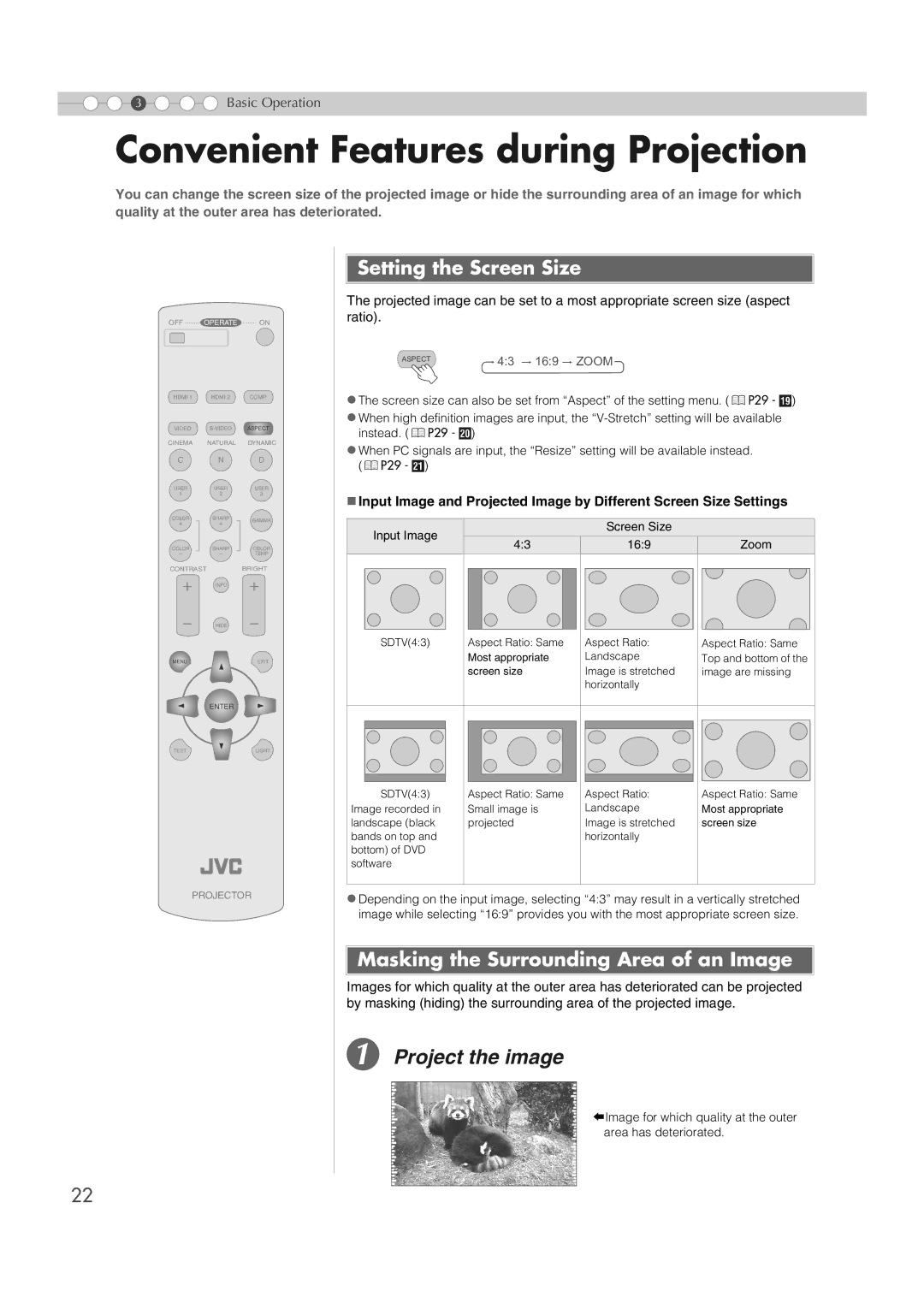 JVC DLA-RS2 manual Convenient Features during Projection, Project the image, Setting the Screen Size 