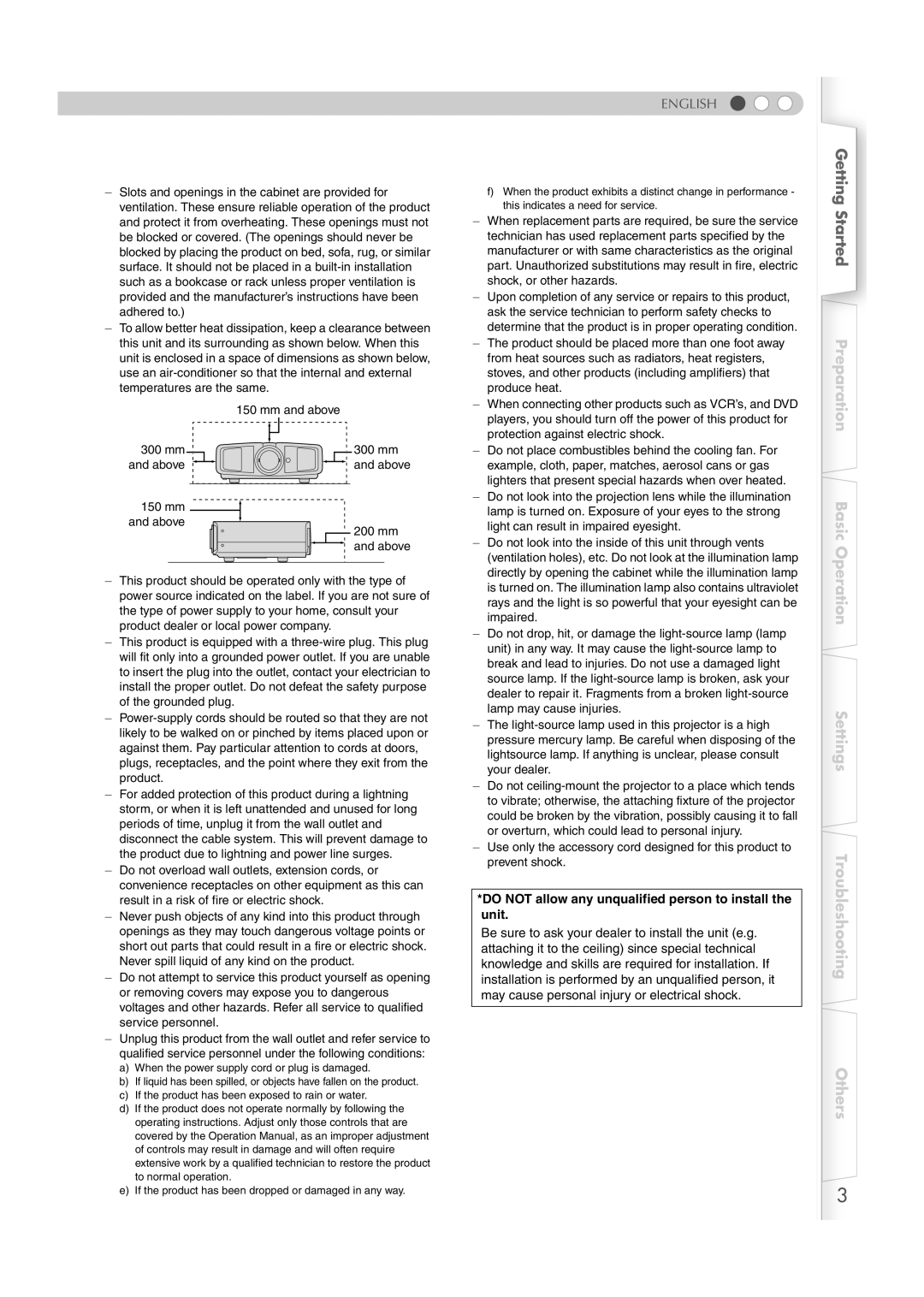 JVC DLA-RS2 manual English, Do not allow any unqualified person to install the unit 