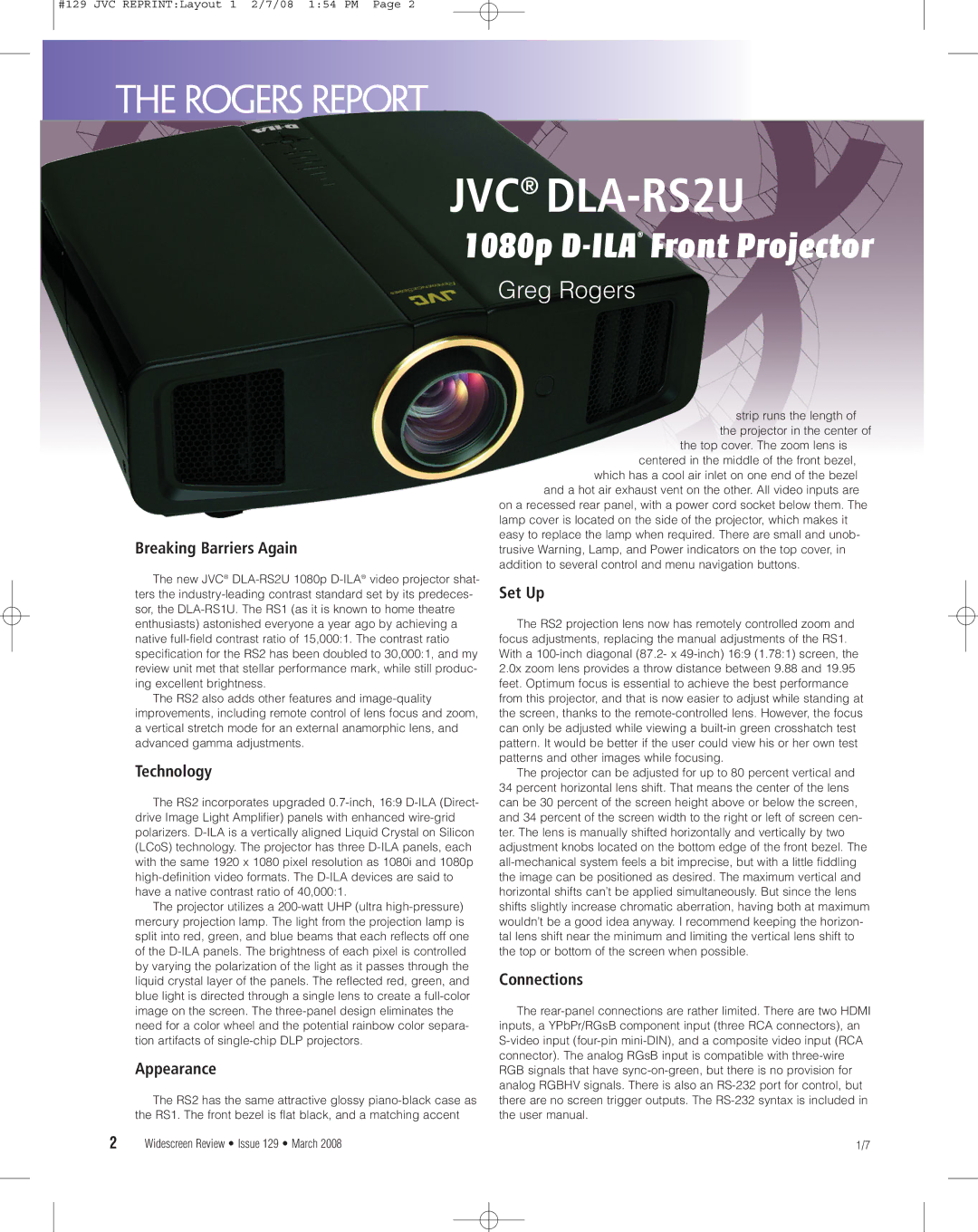 JVC D-ILA, DLA-RS2U, 1080p user manual Breaking Barriers Again, Technology, Appearance, Set Up, Connections 