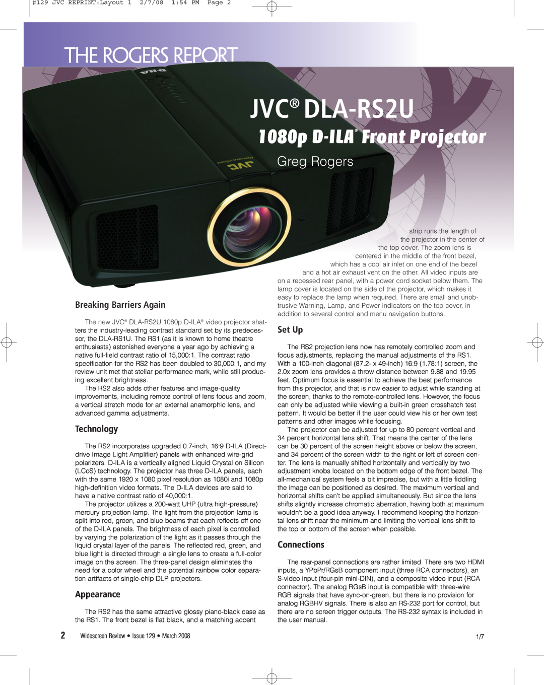 JVC D-ILA user manual Breaking Barriers Again, Technology, Appearance, Set Up, Connections, JVC DLA-RS2U, Greg Rogers 