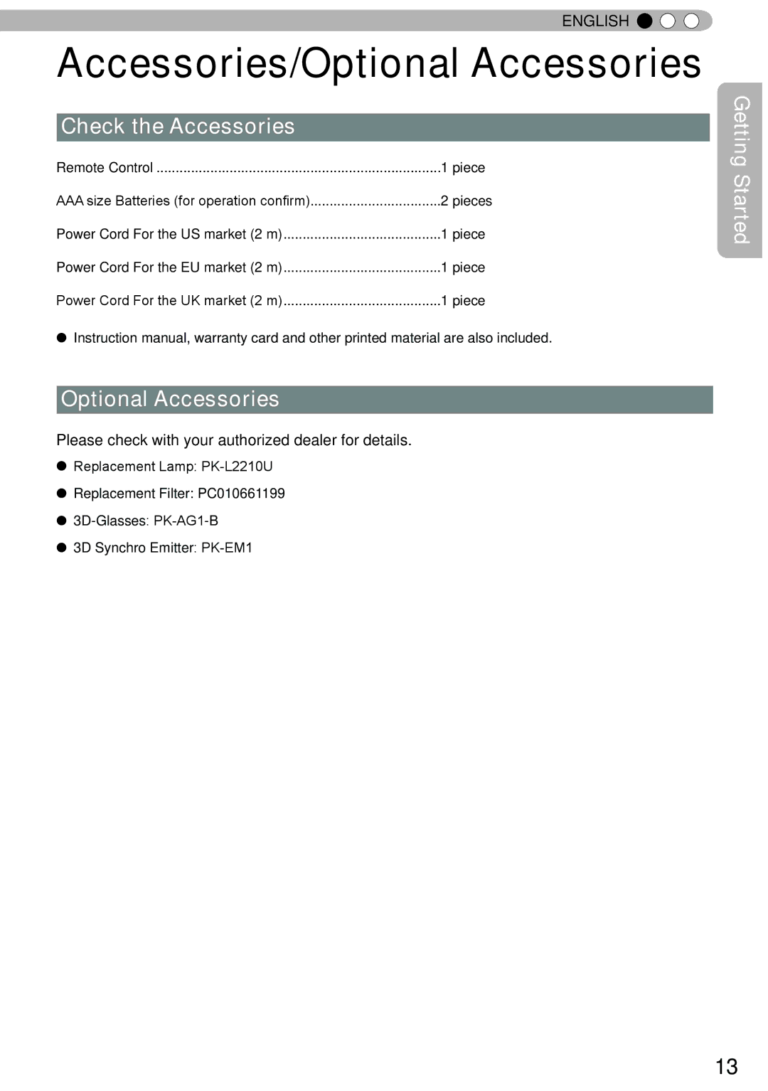 JVC DLA-RS60 Accessories/Optional Accessories, Check the Accessories, Please check with your authorized dealer for details 