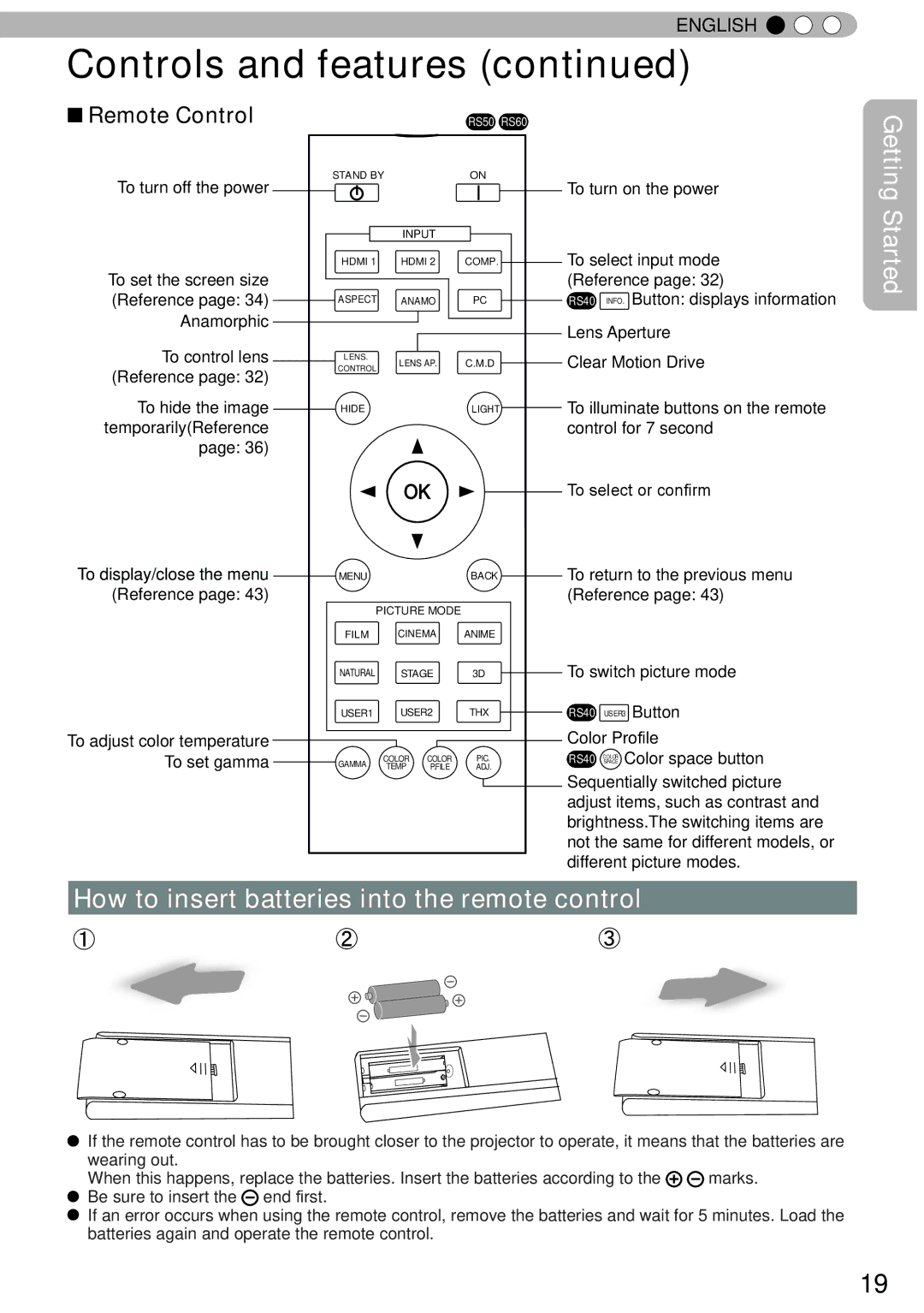 JVC DLA-RS60, DLA-RS40, DLA-RS50 manual How to insert batteries into the remote control, Remote Control 