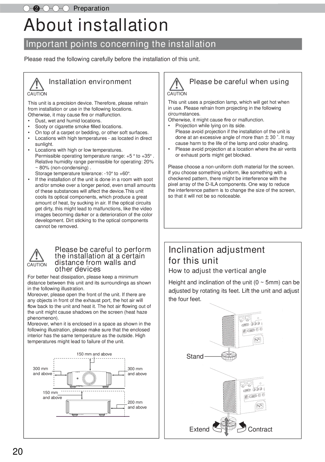 JVC DLA-RS50 About installation, Important points concerning the installation, Preparation, Please be careful to perform 