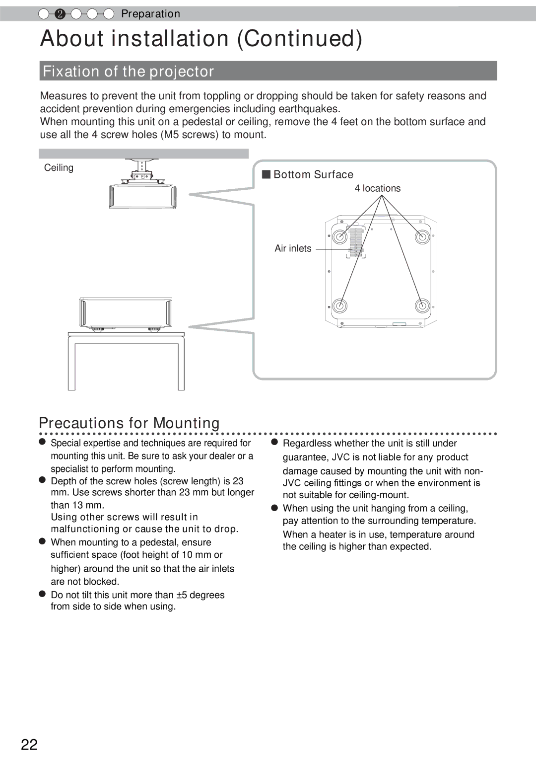 JVC DLA-RS60, DLA-RS40, DLA-RS50 manual Fixation of the projector, Precautions for Mounting, Bottom Surface 