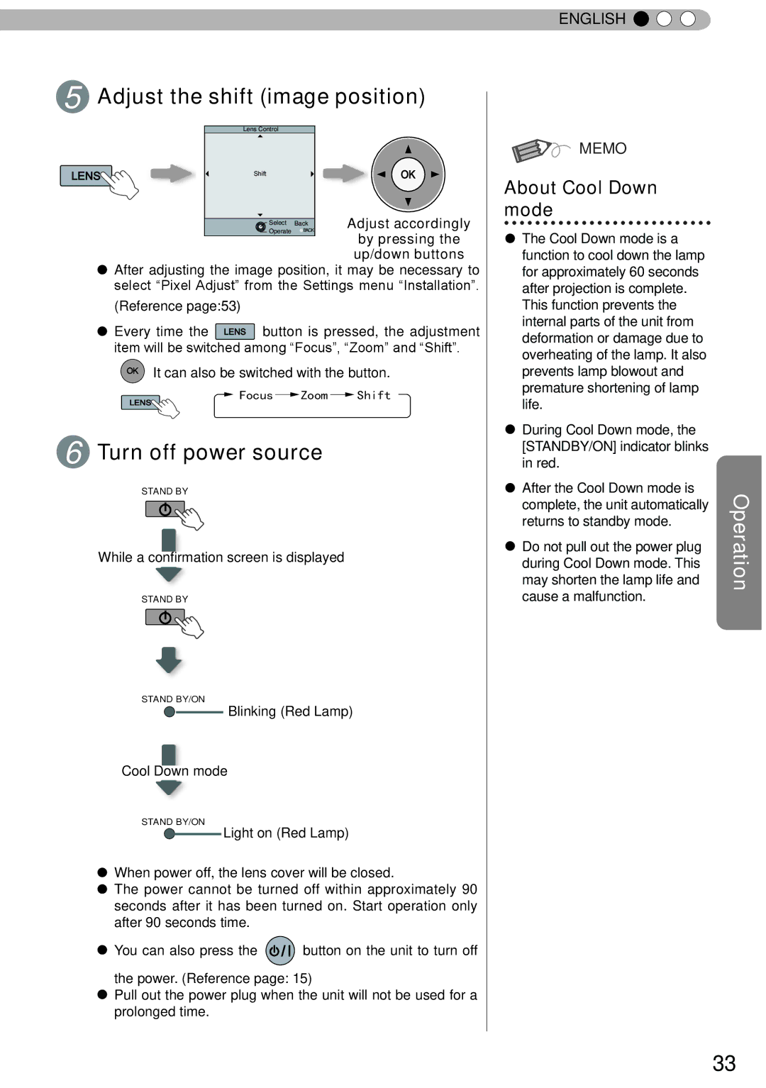 JVC DLA-RS40, DLA-RS60, DLA-RS50 manual Adjust the shift image position, Turn off power source, About Cool Down mode 