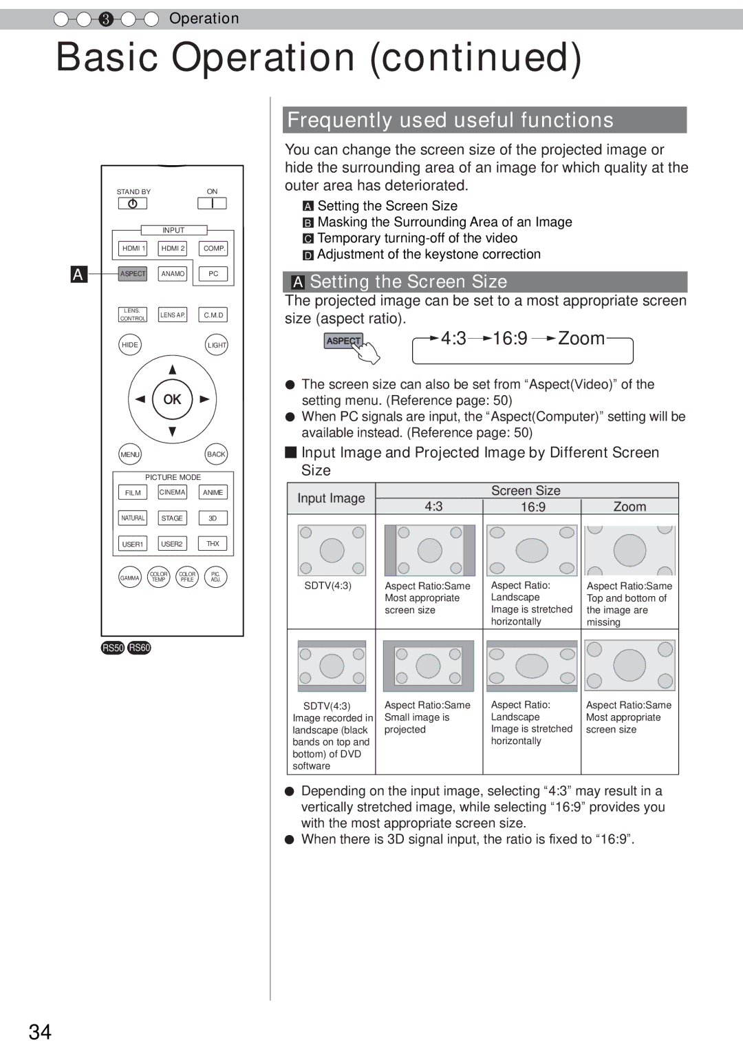 JVC DLA-RS60, DLA-RS40, DLA-RS50 Frequently used useful functions, Input Image and Projected Image by Different Screen Size 