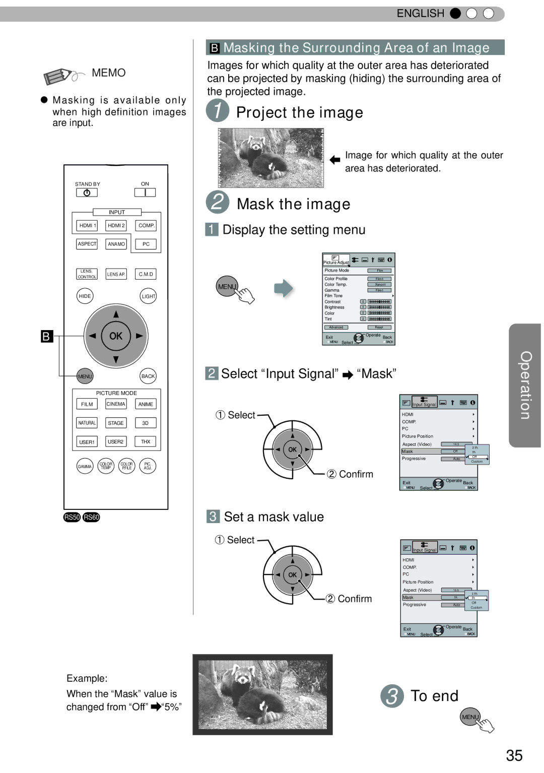 JVC DLA-RS50, DLA-RS40, DLA-RS60 manual Project the image, Mask the image, To end 