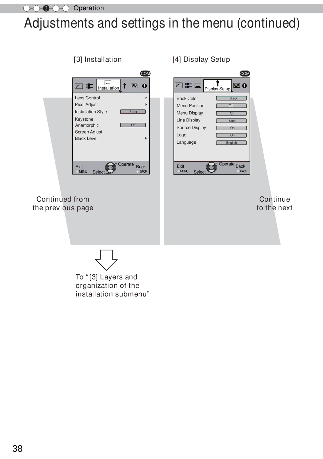 JVC DLA-RS50, DLA-RS40, DLA-RS60 manual Adjustments and settings in the menu 