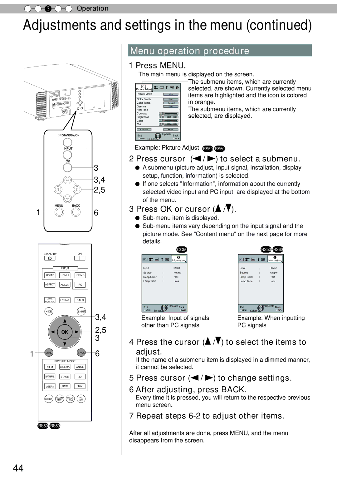 JVC DLA-RS50, DLA-RS40 manual Menu operation procedure, Press Menu, Press cursor / to select a submenu, Press OK or cursor 