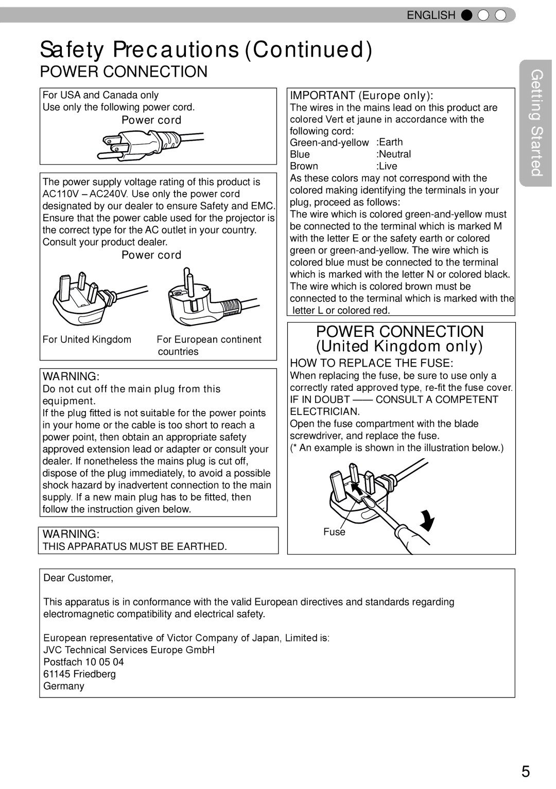 JVC DLA-RS50, DLA-RS40, DLA-RS60 manual Power Connection United Kingdom only, Power cord, Important Europe only 