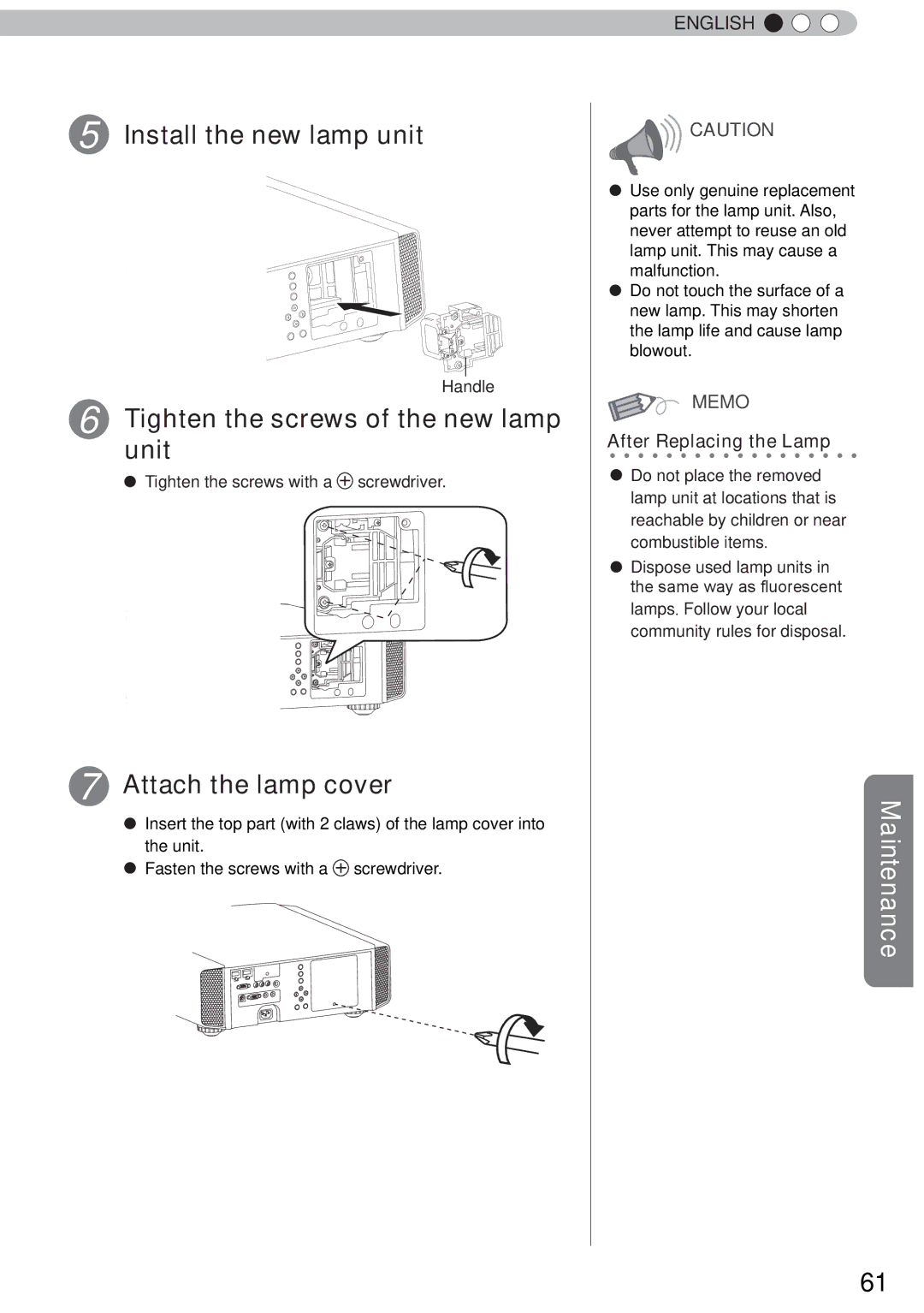 JVC DLA-RS60, DLA-RS40, DLA-RS50 manual Install the new lamp unit, Unit, Attach the lamp cover, After Replacing the Lamp 