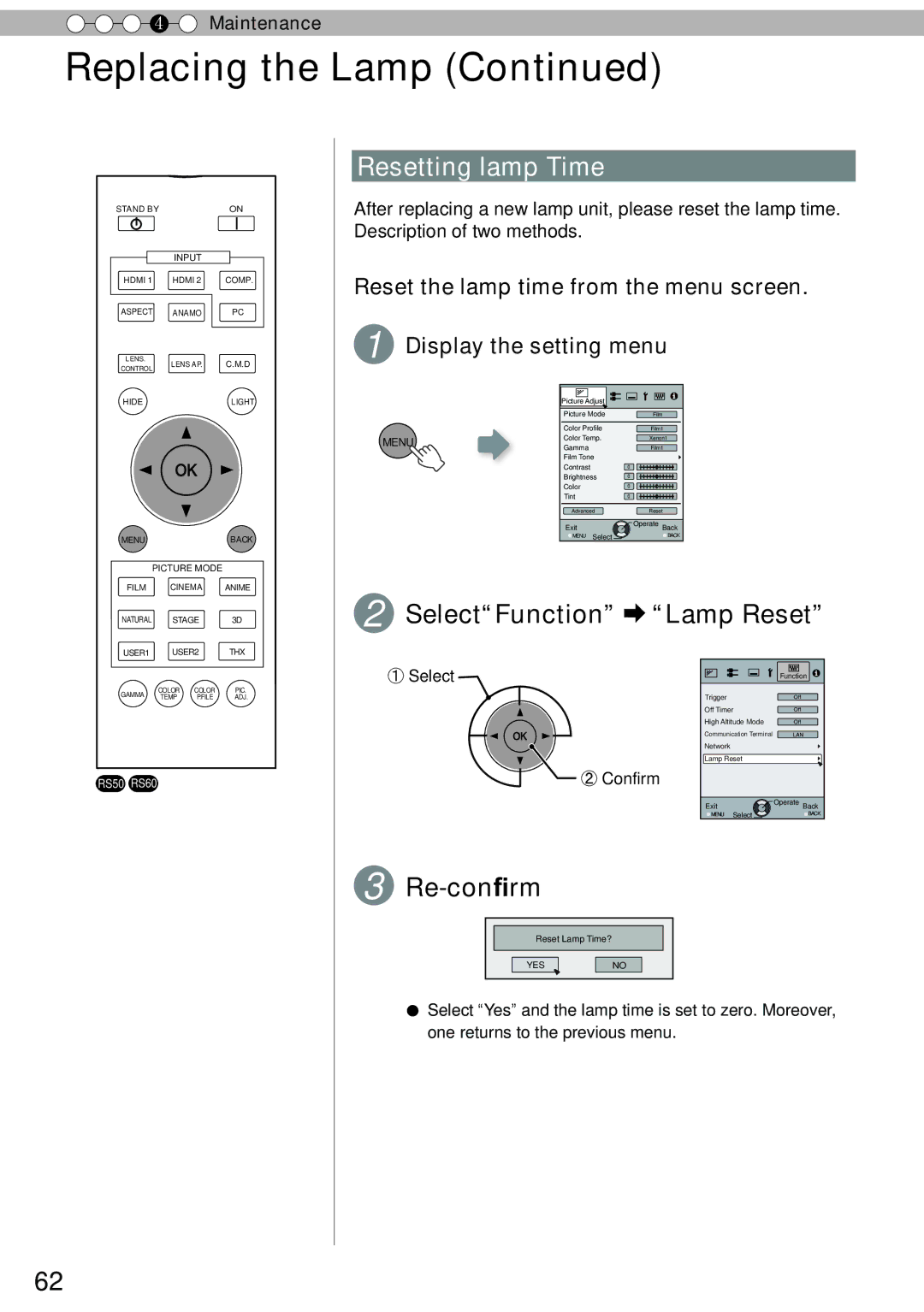 JVC DLA-RS50, DLA-RS40, DLA-RS60 manual Resetting lamp Time, SelectFunction Lamp Reset, Re-confirm 