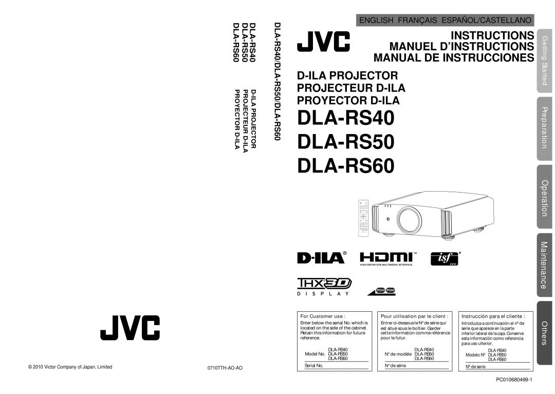 JVC manual RS50/DLA-RS60, DLA-RS40/DLA, Operation Maintenance, Others, D-Ila Projector Projecteur D-Ila Proyector D-Ila 