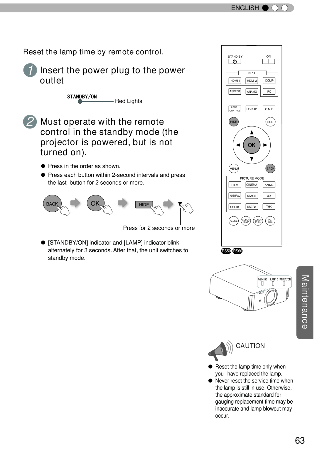 JVC DLA-RS40 manual Insertoutlet the power plug to the power, Reset the lamp time by remote control, Maintenance, English 