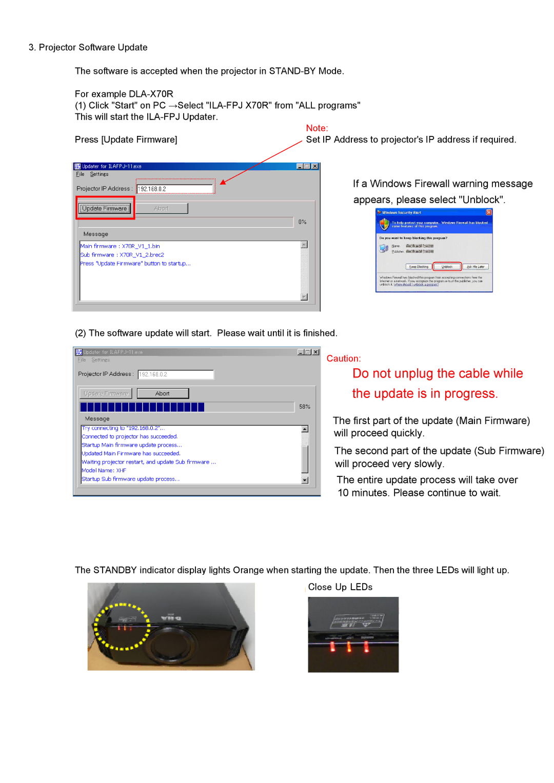 JVC DLA-RS55 manual Do not unplug the cable while the update is in progress 