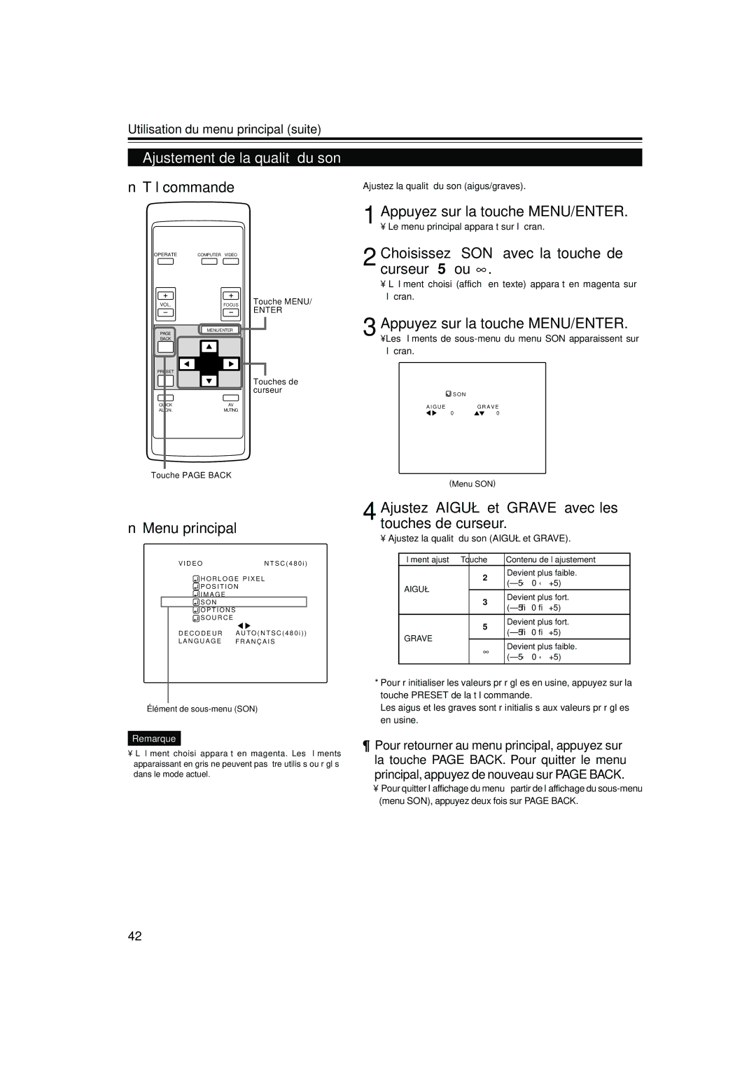 JVC DLA-S15U manual Ajustement de la qualité du son, Choisissez SON avec la touche de curseur 5 ou 