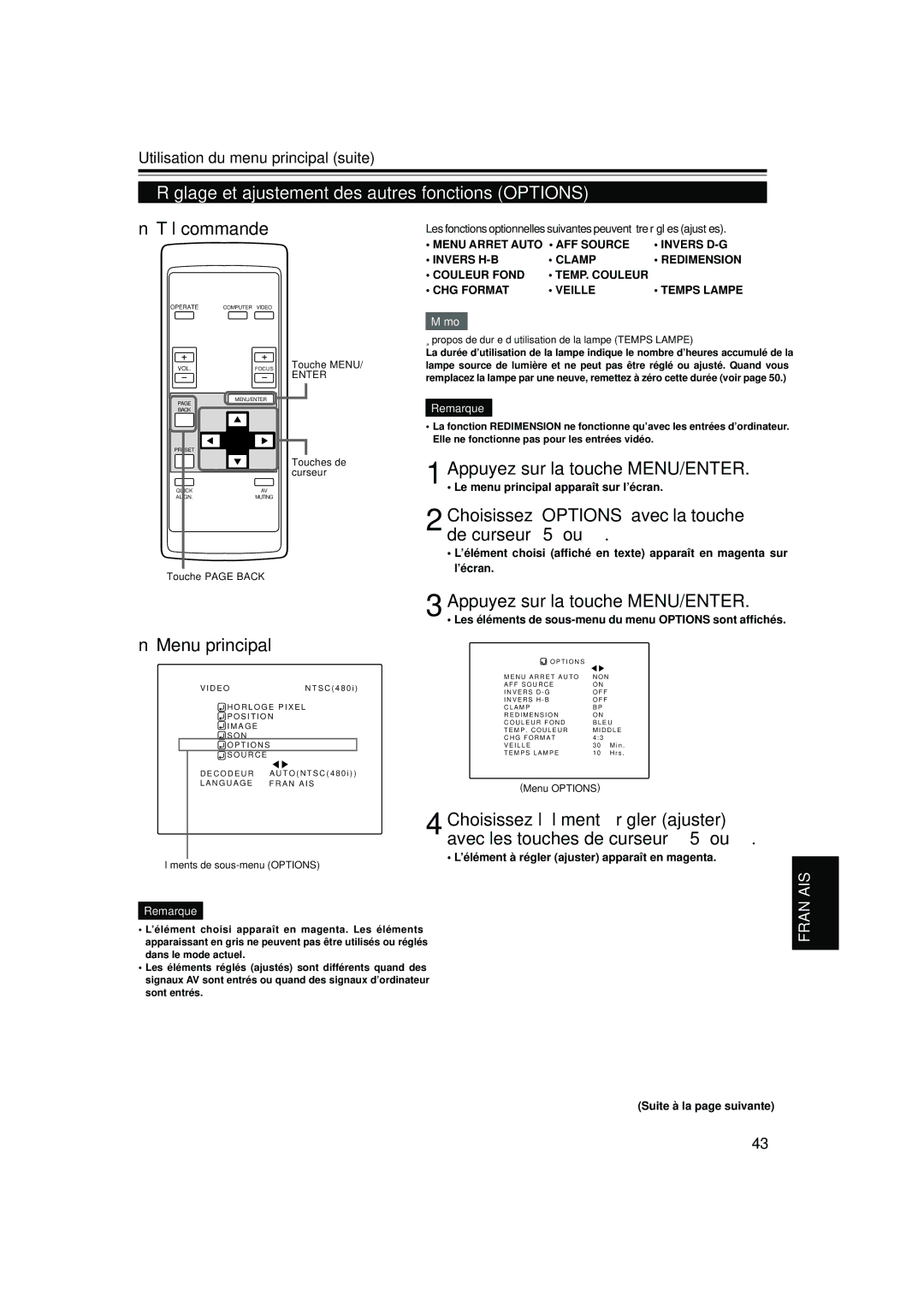 JVC DLA-S15U manual Réglage et ajustement des autres fonctions Options, Choisissez Options avec la touche de curseur 5 ou 