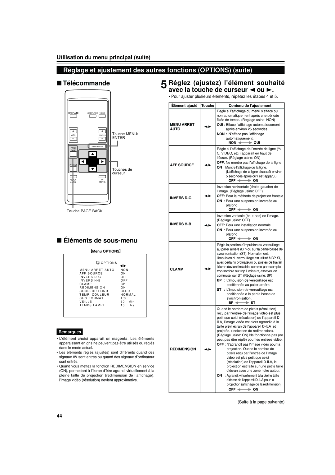 JVC DLA-S15U manual Réglage et ajustement des autres fonctions Options suite, Menu Options 