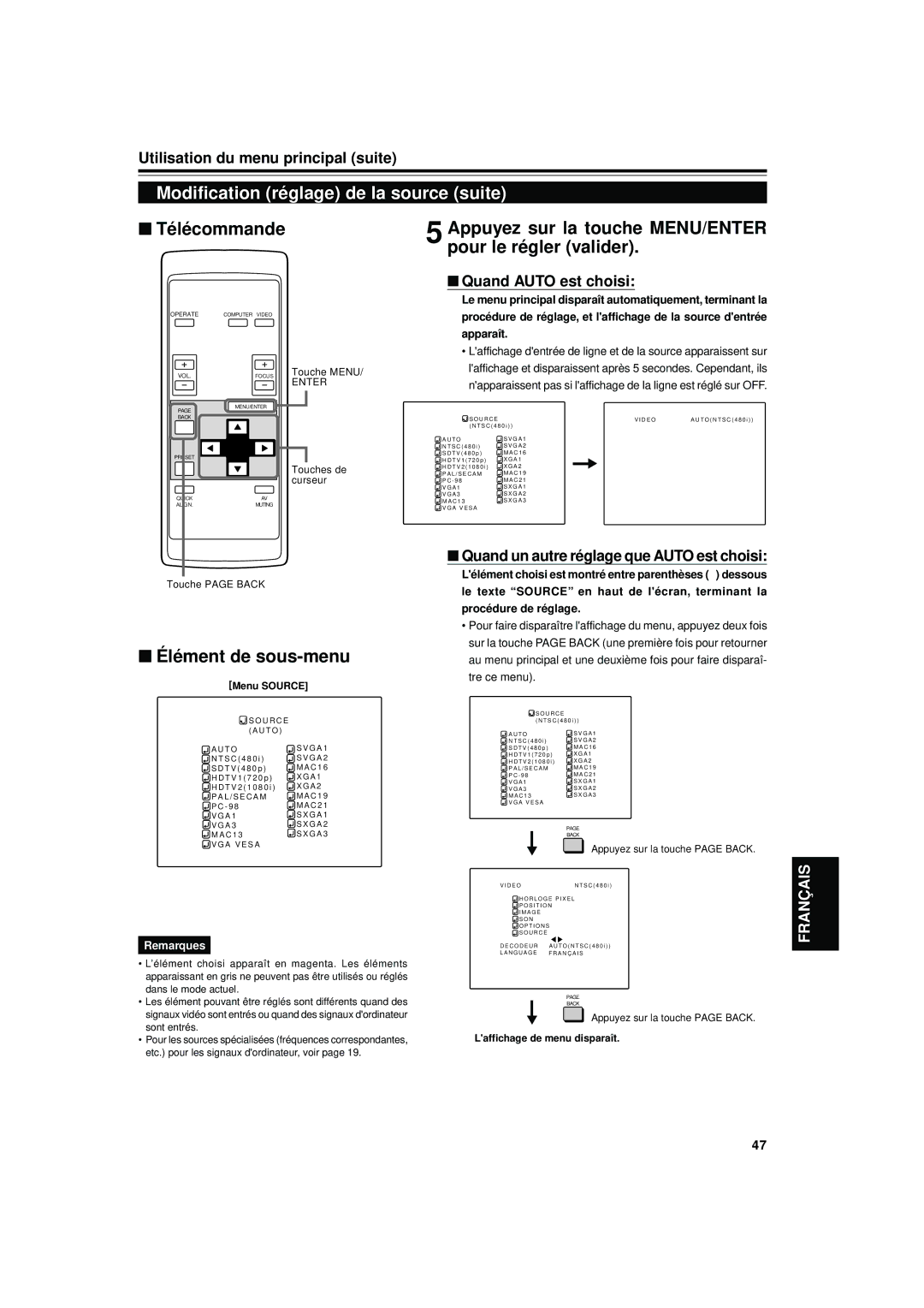 JVC DLA-S15U manual Modification réglage de la source suite, Appuyez sur la touche MENU/ENTER pour le régler valider 