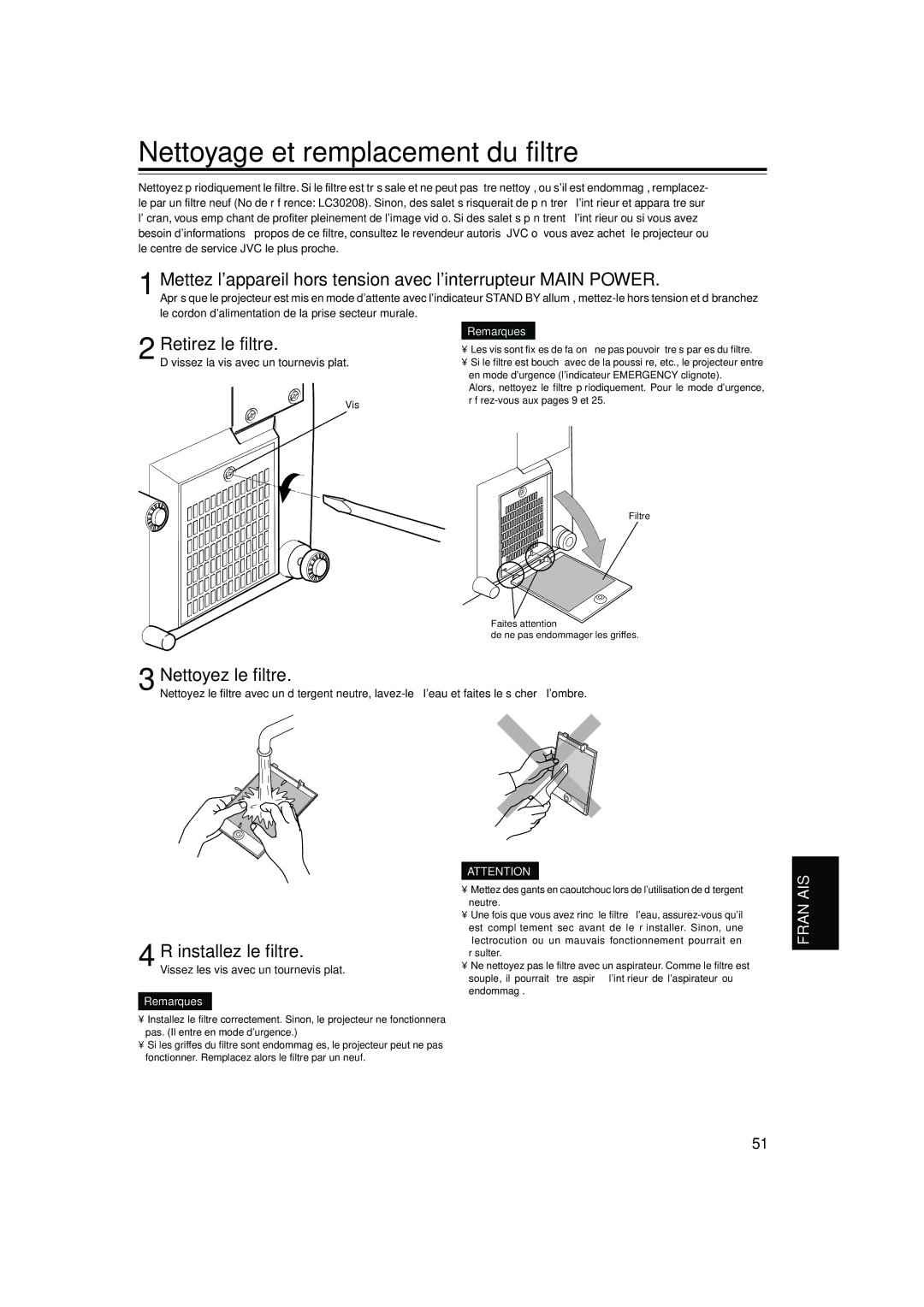 JVC DLA-S15U manual Nettoyage et remplacement du filtre, Mettez lappareil hors tension avec linterrupteur Main Power 