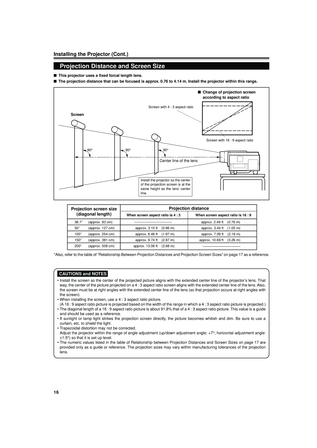 JVC DLA-S15U manual Projection Distance and Screen Size, Projection screen size Projection distance Diagonal length 