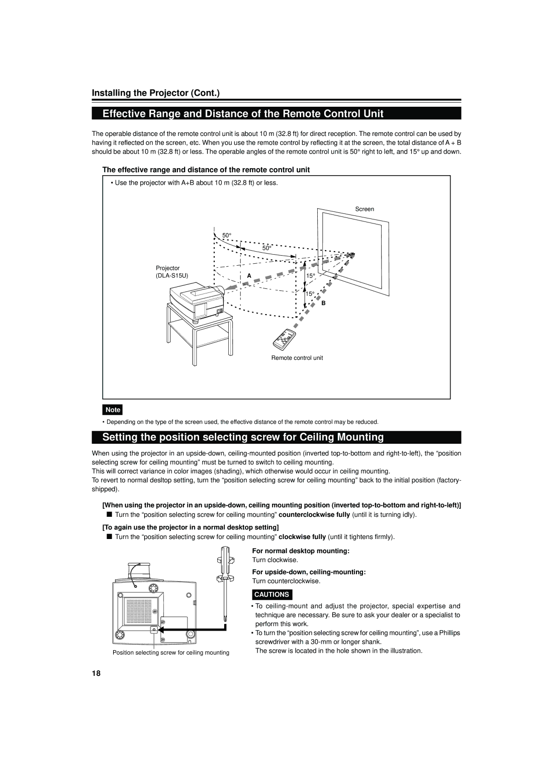 JVC DLA-S15U manual Effective Range and Distance of the Remote Control Unit 