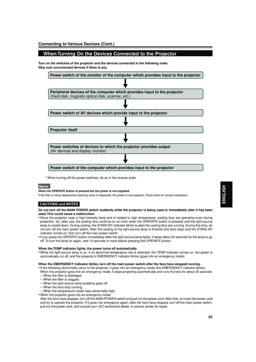 JVC DLA-S15U manual When Turning On the Devices Connected to the Projector 