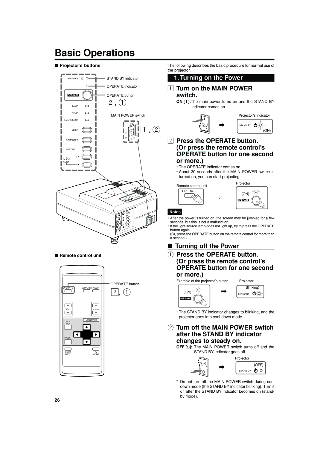 JVC DLA-S15U manual Basic Operations, Turning on the Power 