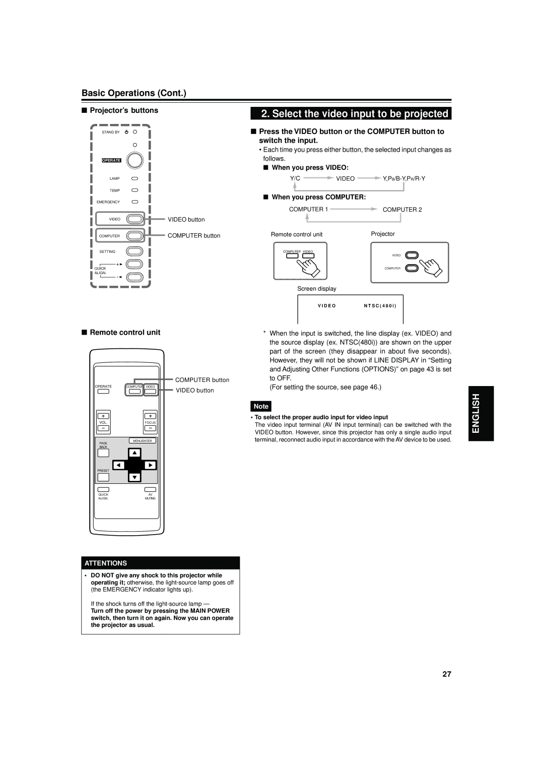 JVC DLA-S15U manual When you press Video, When you press Computer 