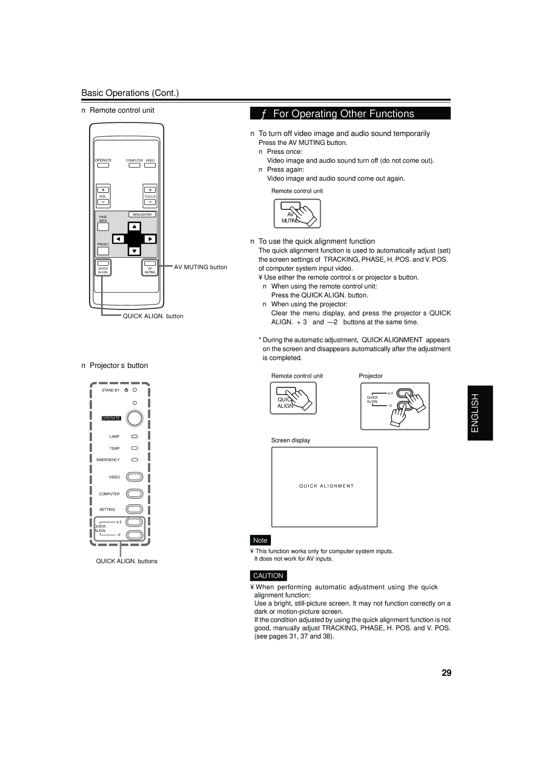 JVC DLA-S15U manual For Operating Other Functions, To turn off video image and audio sound temporarily, Projector’s button 