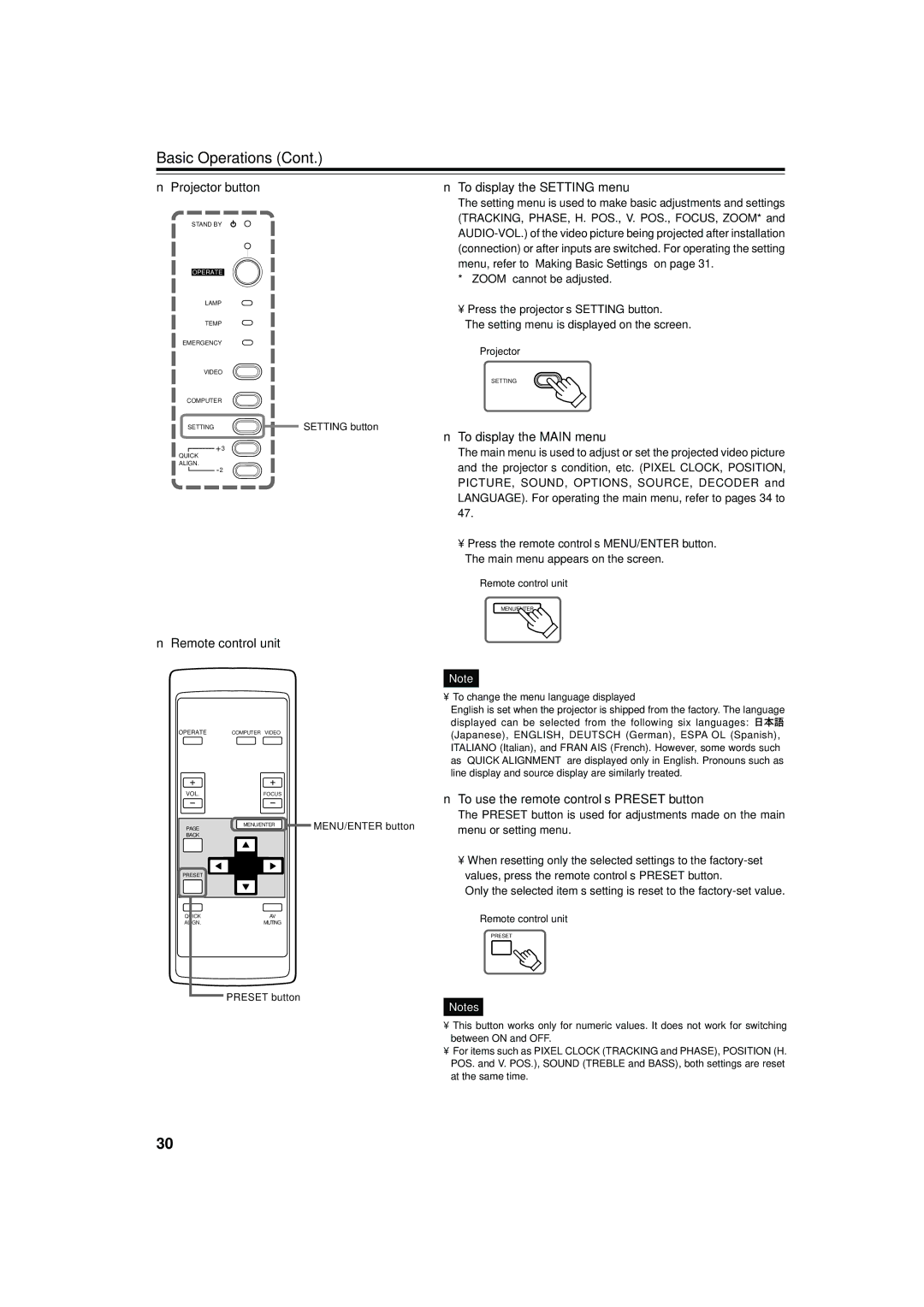 JVC DLA-S15U manual Projector button, To display the Setting menu, To display the Main menu, Zoom cannot be adjusted 