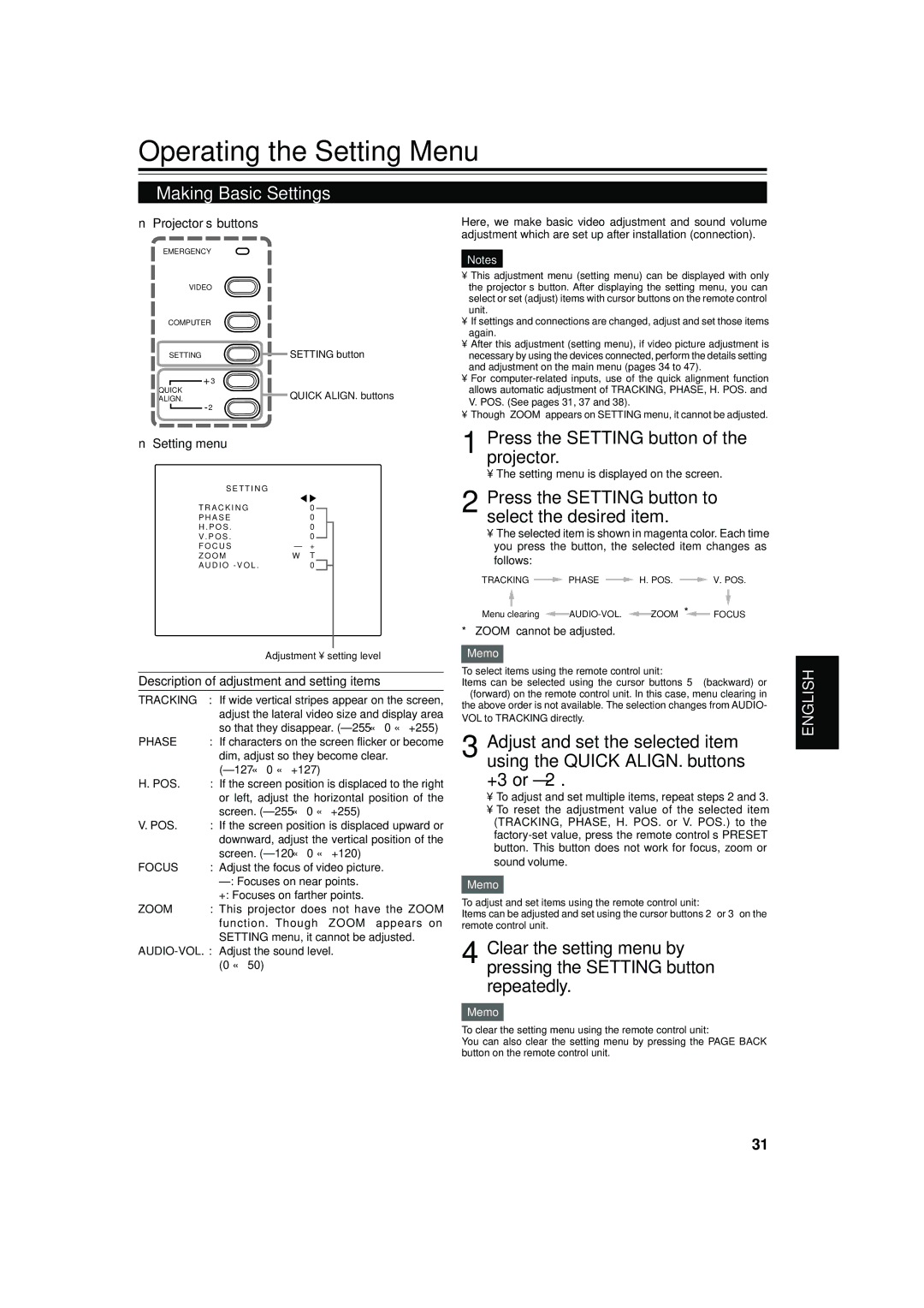 JVC DLA-S15U manual Operating the Setting Menu, Making Basic Settings, Press the Setting button of the projector 