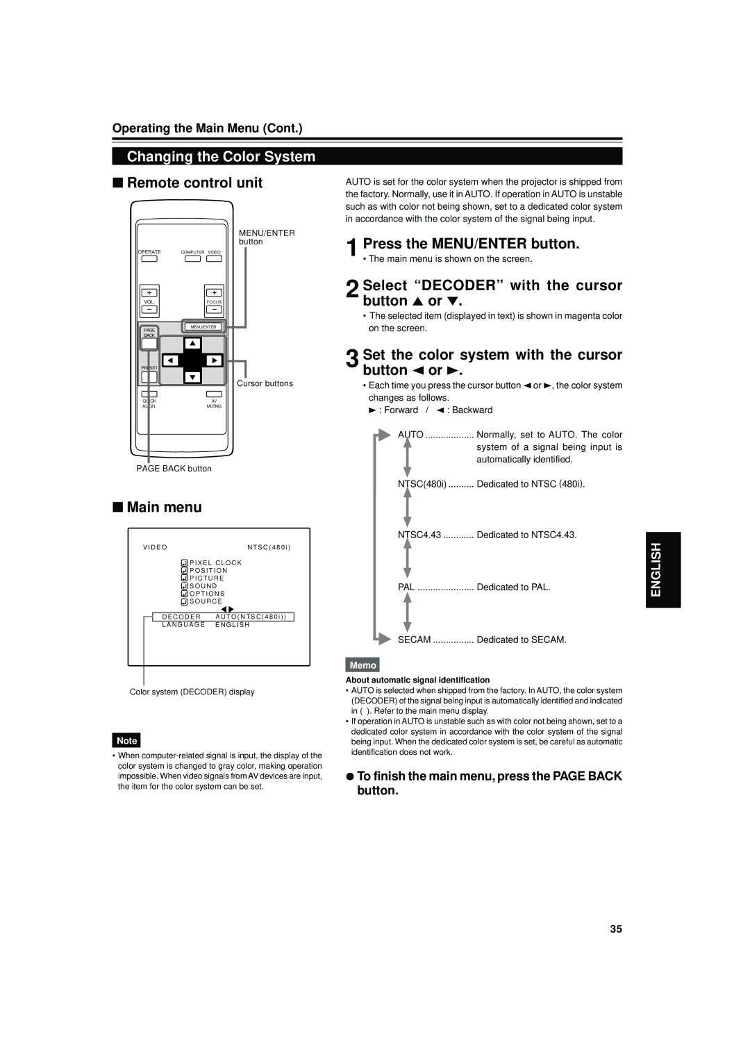 JVC DLA-S15U manual Changing the Color System, Select Decoder with the cursor button 5 or 