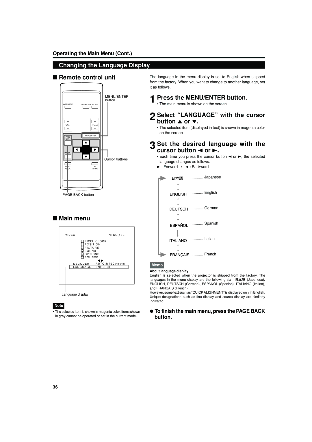 JVC DLA-S15U manual Changing the Language Display, Set the desired language with the cursor button 2 or, Language display 