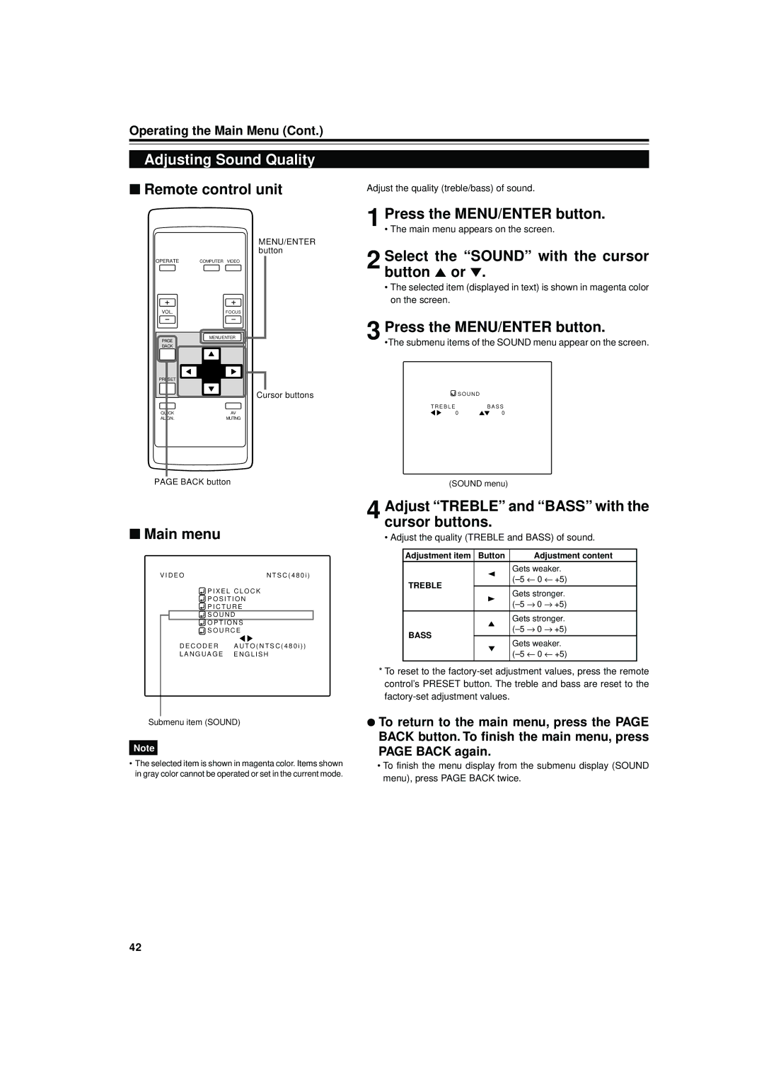 JVC DLA-S15U manual Adjusting Sound Quality, Select the Sound with the cursor button 5 or 