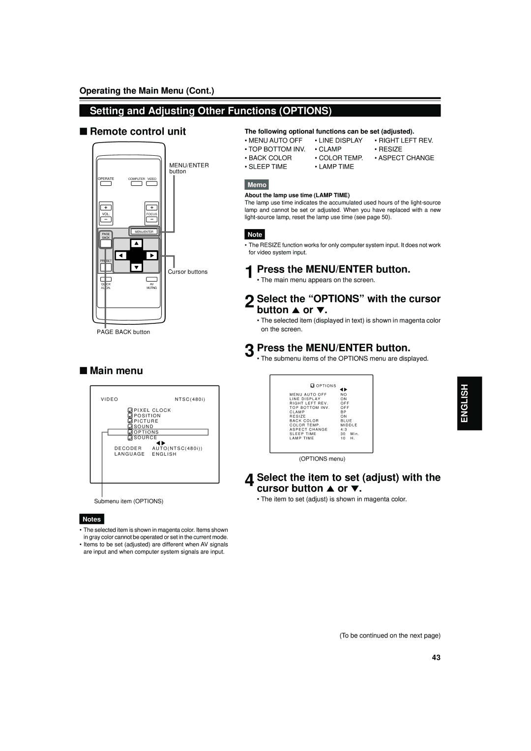 JVC DLA-S15U manual Setting and Adjusting Other Functions Options, Select the Options with the cursor button 5 or 