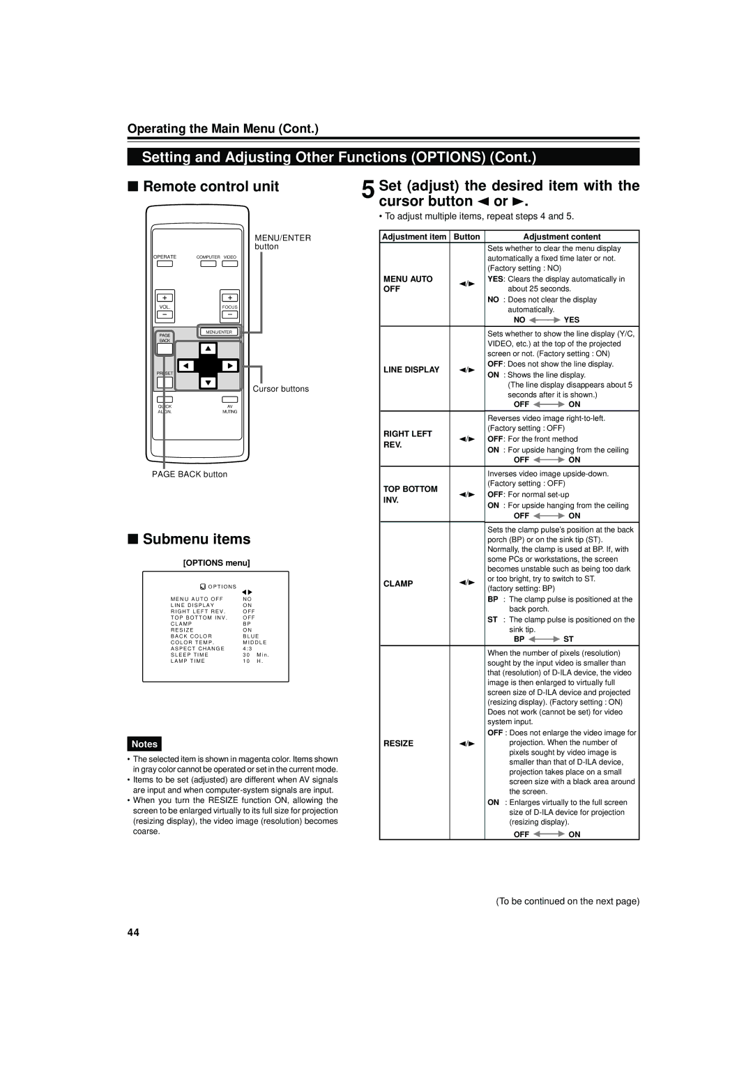 JVC DLA-S15U manual Set adjust the desired item with the cursor button 2 or, Options menu 