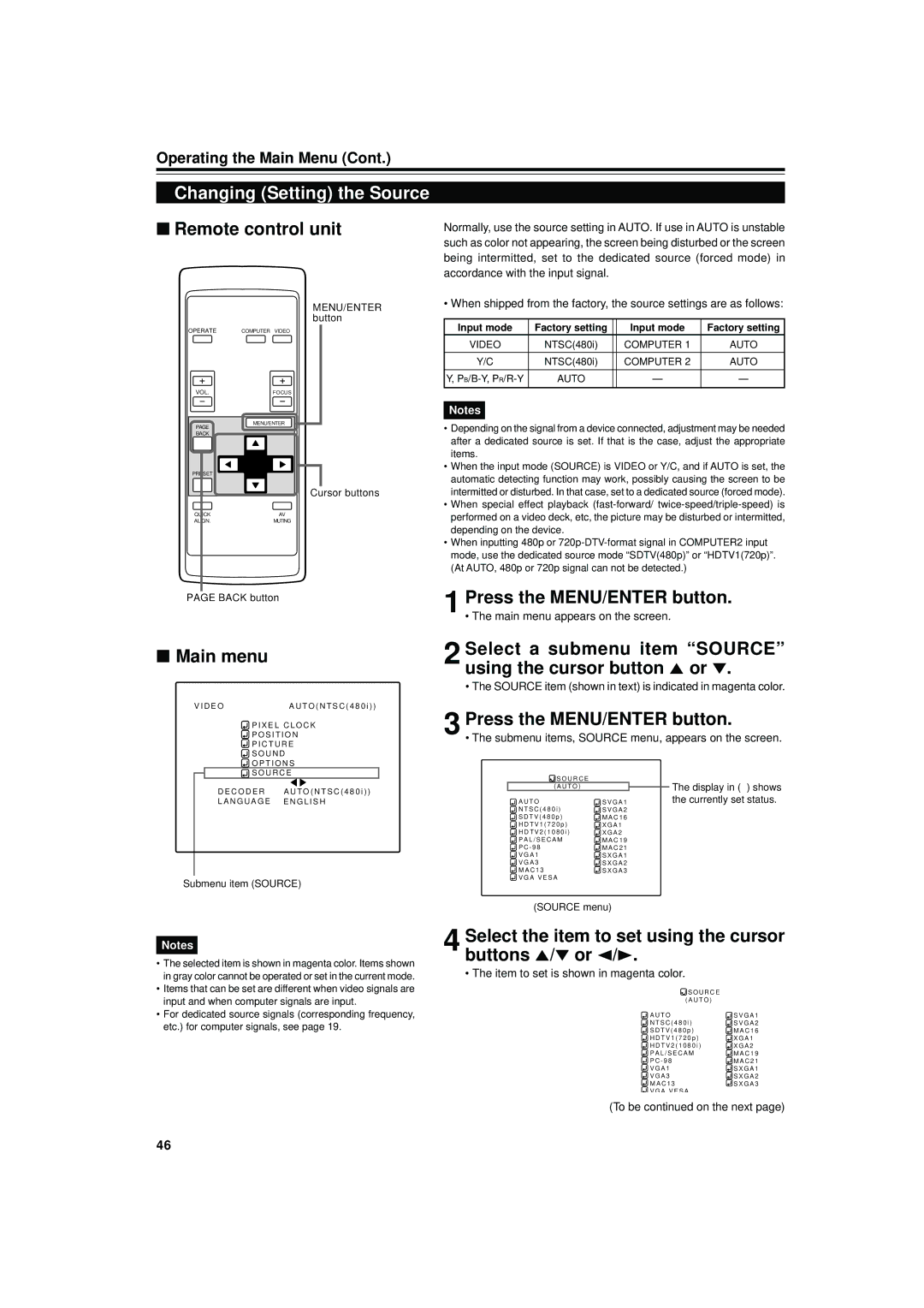 JVC DLA-S15U manual Changing Setting the Source, Select the item to set using the cursor buttons 5/ or 2/3 