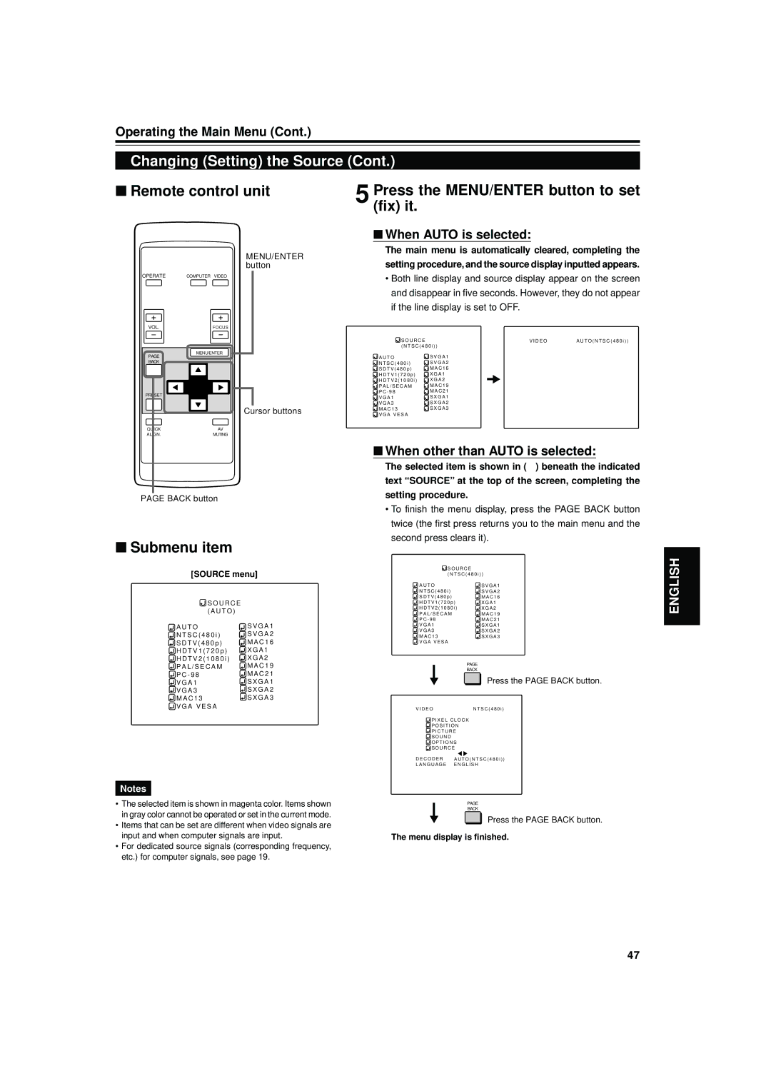 JVC DLA-S15U manual Press the MENU/ENTER button to set fix it, Submenu item, When Auto is selected 