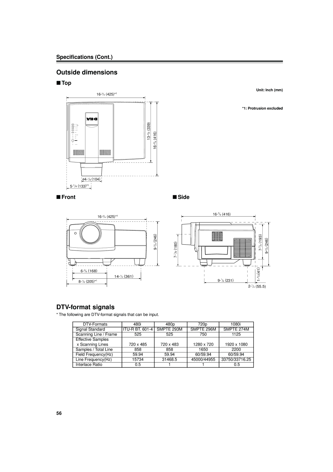 JVC DLA-S15U manual Outside dimensions, DTV-format signals, Top, Front, Side 