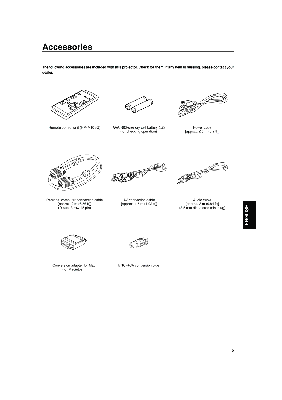 JVC DLA-S15U manual Accessories, Approx .5 m 8.2 ft, Approx m 6.56 ft Approx .5 m 4.92 ft Approx m 9.84 ft, Power code 