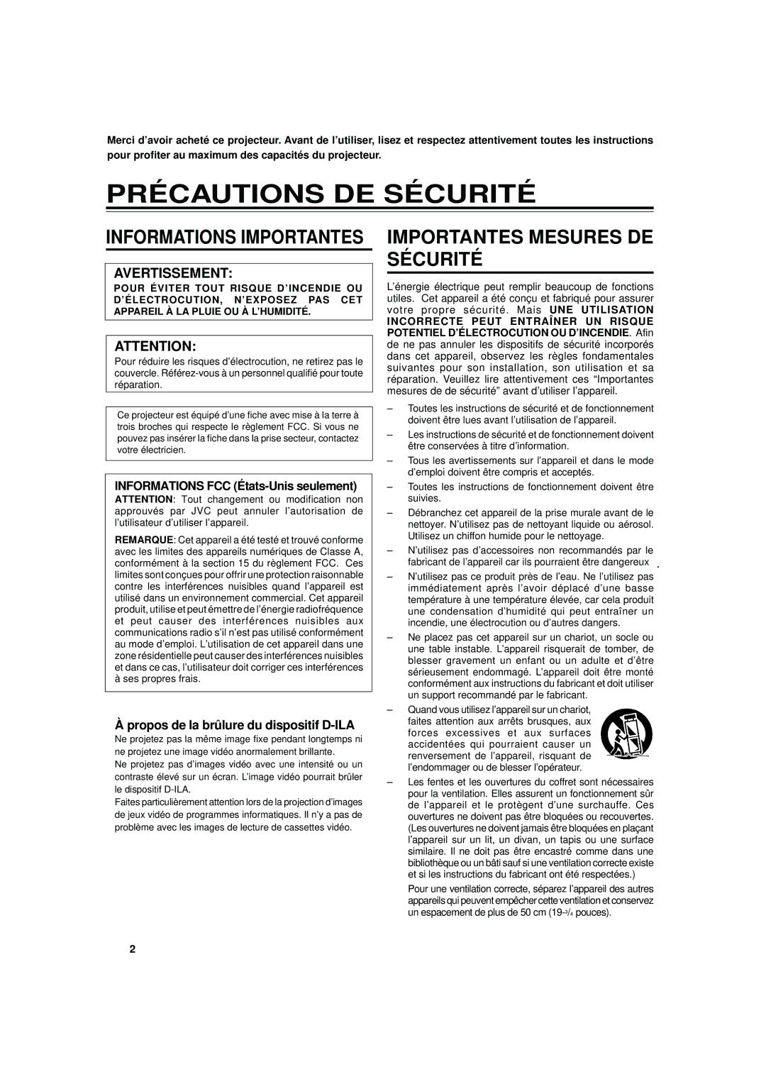 JVC DLA-S15U manual Précautions DE Sécurité, Propos de la brûlure du dispositif D-ILA 