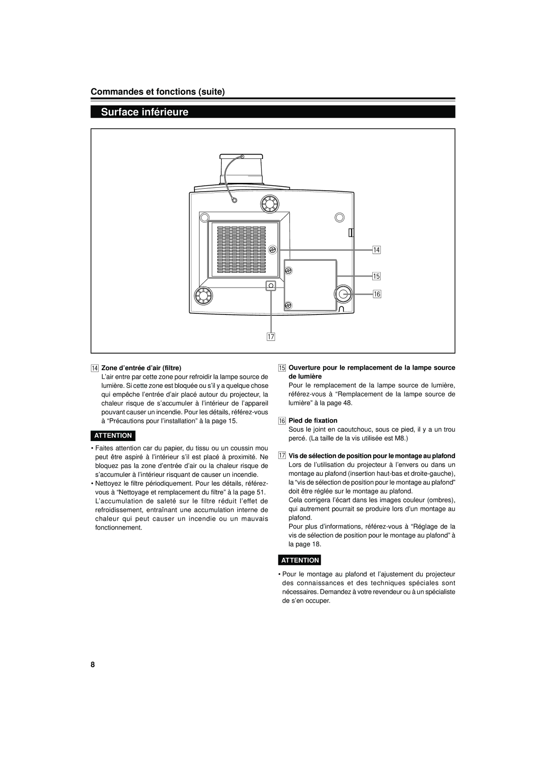 JVC DLA-S15U manual Surface inférieure, Commandes et fonctions suite, Zone d’entrée d’air filtre, Pied de fixation 