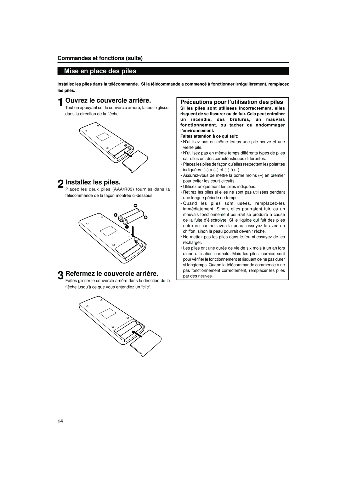 JVC DLA-S15U Mise en place des piles, Ouvrez le couvercle arrière, Installez les piles, Refermez le couvercle arrière 