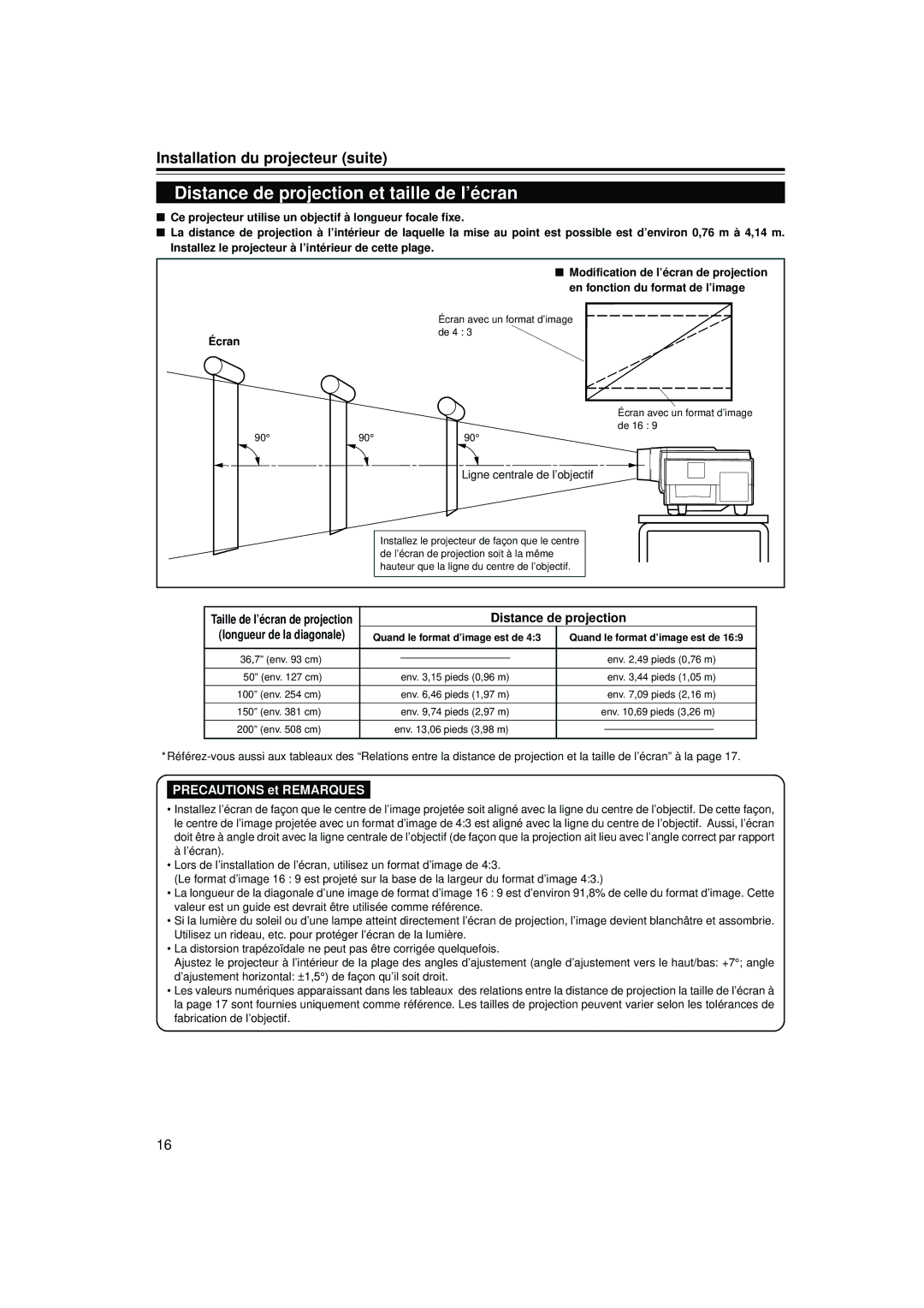 JVC DLA-S15U manual Distance de projection et taille de l’écran, Installation du projecteur suite, Écran 